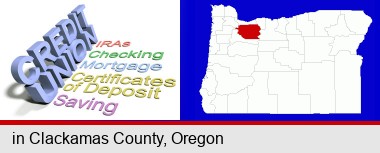 credit union services; Clackamas County highlighted in red on a map