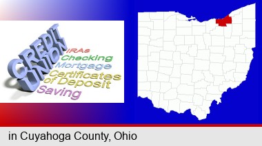 credit union services; Cuyahoga County highlighted in red on a map