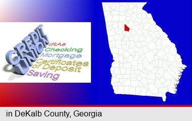 credit union services; DeKalb County highlighted in red on a map