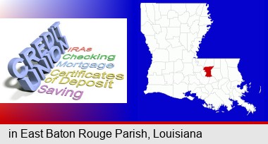 credit union services; East Baton Rouge Parish highlighted in red on a map