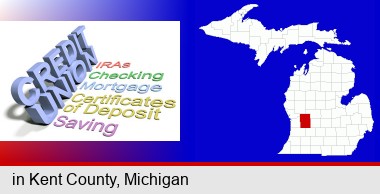 credit union services; Kent County highlighted in red on a map