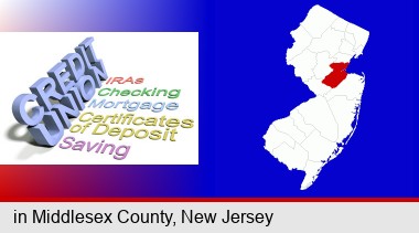 credit union services; Middlesex County highlighted in red on a map