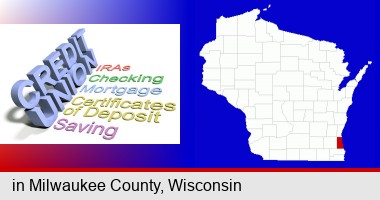 credit union services; Milwaukee County highlighted in red on a map