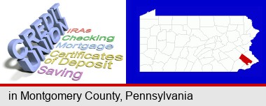 credit union services; Montgomery County highlighted in red on a map