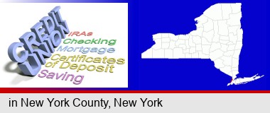 credit union services; New York County highlighted in red on a map