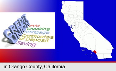 credit union services; Orange County highlighted in red on a map